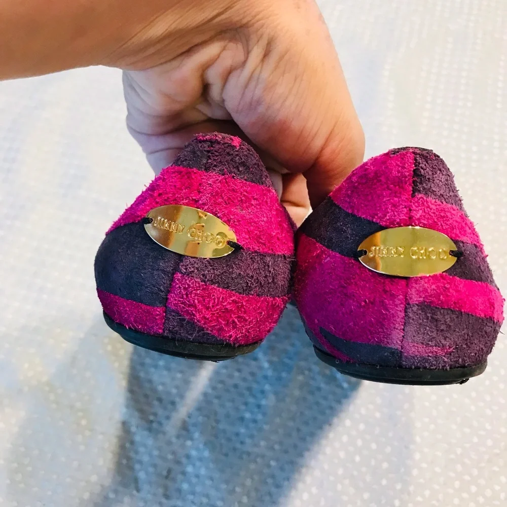 Jimmy Choo Pink and Black Striped Suede Ballet Flats